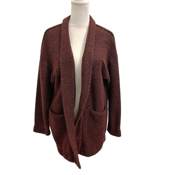 MARINE LAYER Birdseye-Knit Open-Front Cardigan Sweater Pockets Maroon size Small - Picture 1 of 7
